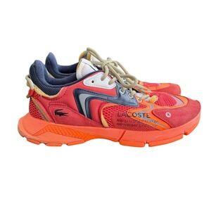 Lacoste L003 Neo Sneakers Mens 12 Orange Red Mesh Suede Runner Shoes Casual EUC